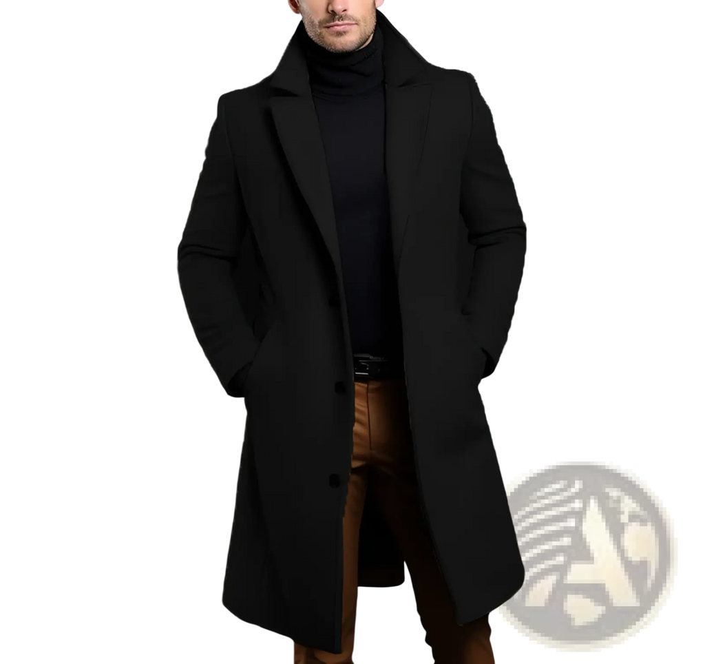 Black woolen trench coat with notched lapels and front button closure for slim business overcoat style