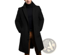 Black woolen trench coat with notched lapels and front button closure for slim business overcoat style