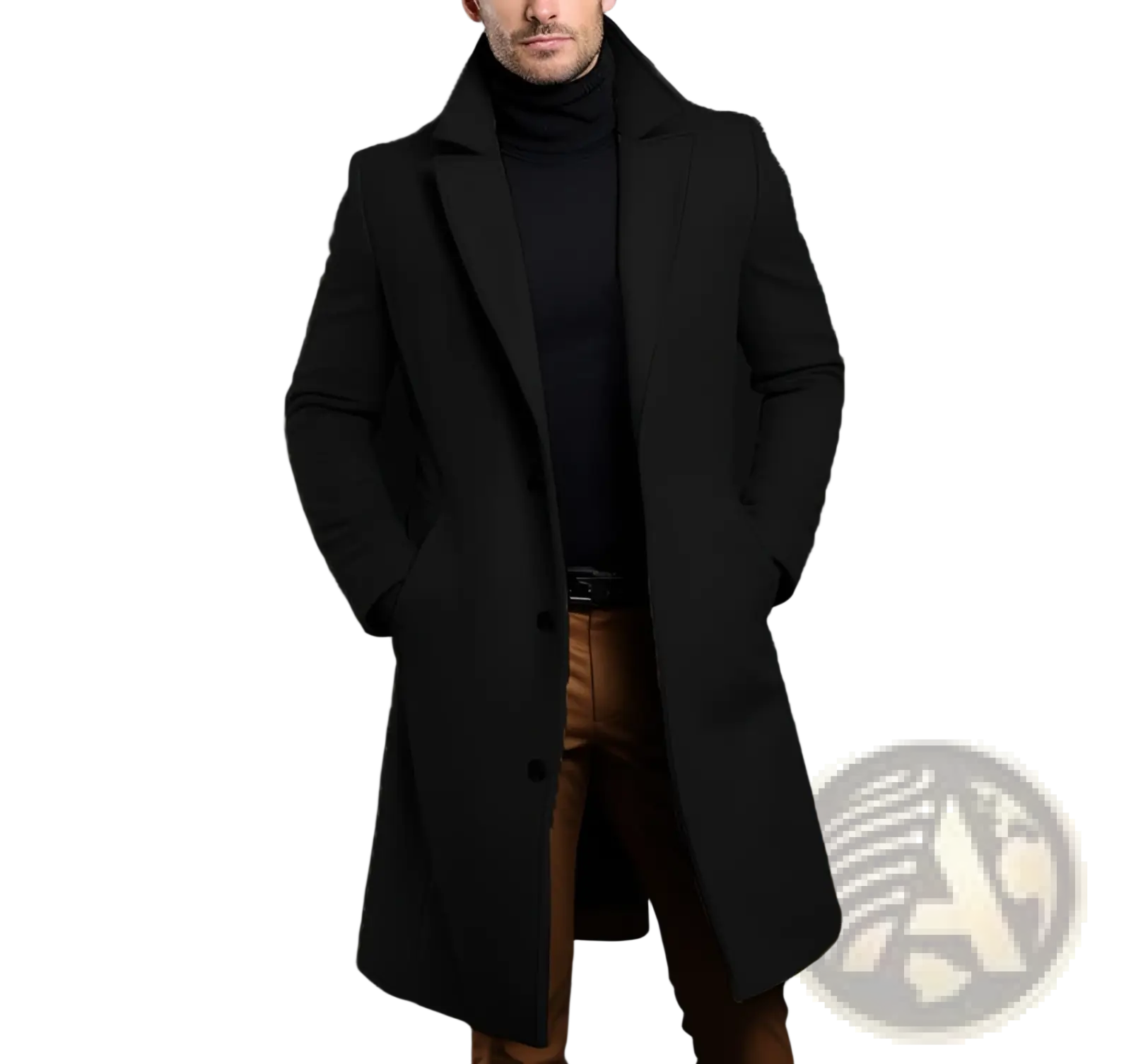 Black woolen trench coat with notched lapels and front button closure for slim business overcoat style