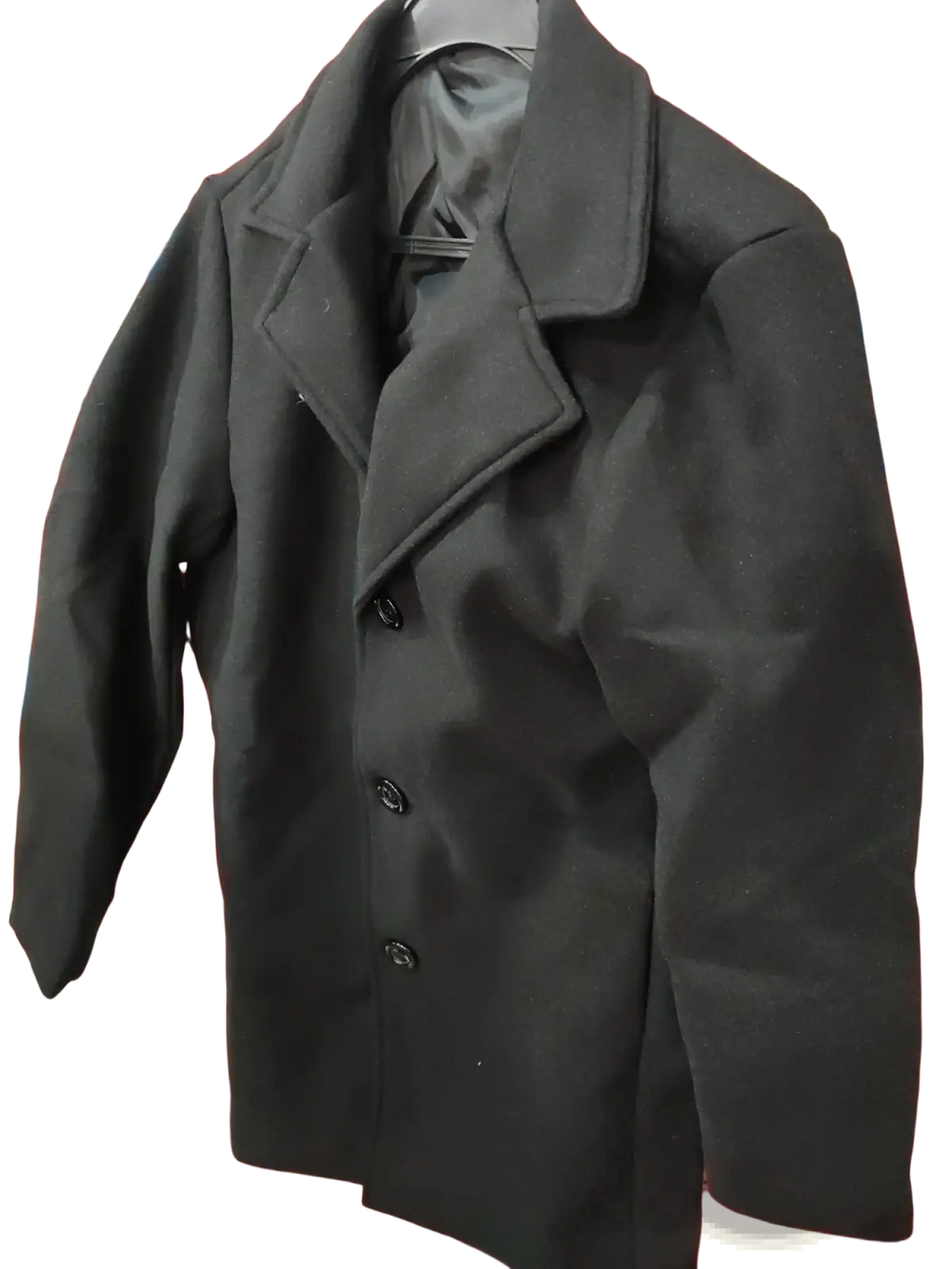 Men woolen trench coat slim business overcoat in black with double-breasted buttons and notched collar