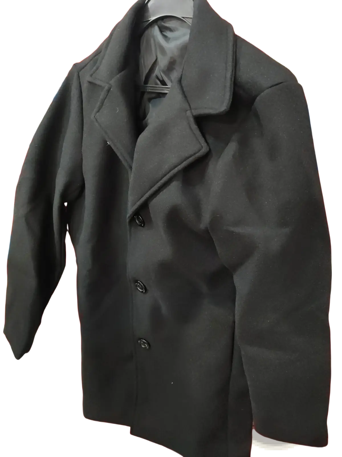 Men woolen trench coat slim business overcoat in black with double-breasted buttons and notched collar