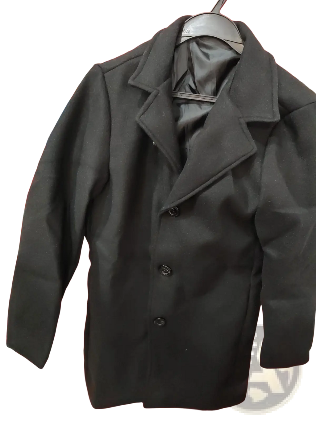 Men woolen trench coat slim business overcoat in black with classic double-breasted design and notched lapels