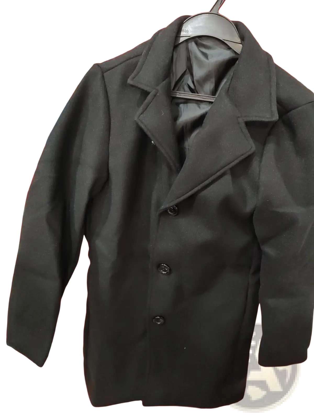 Men woolen trench coat slim business overcoat in black with classic double-breasted design and notched lapels