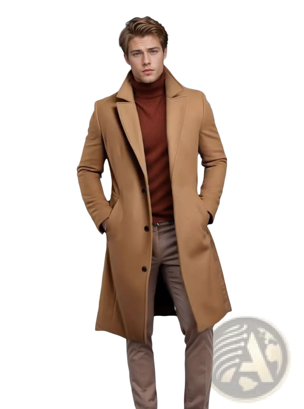 A stylish camel-colored men woolen trench coat with a slim fit and classic double-breasted design and notched lapels