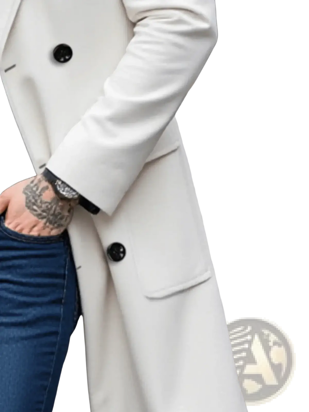 Men woolen winter overcoat double breasted jacket in crisp white with black buttons and tailored design