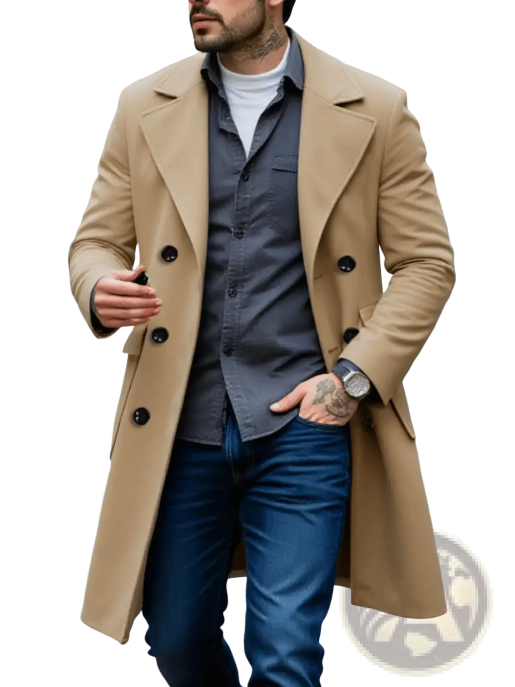 Beige double-breasted woolen winter overcoat for men with black buttons and a classic tailored fit
