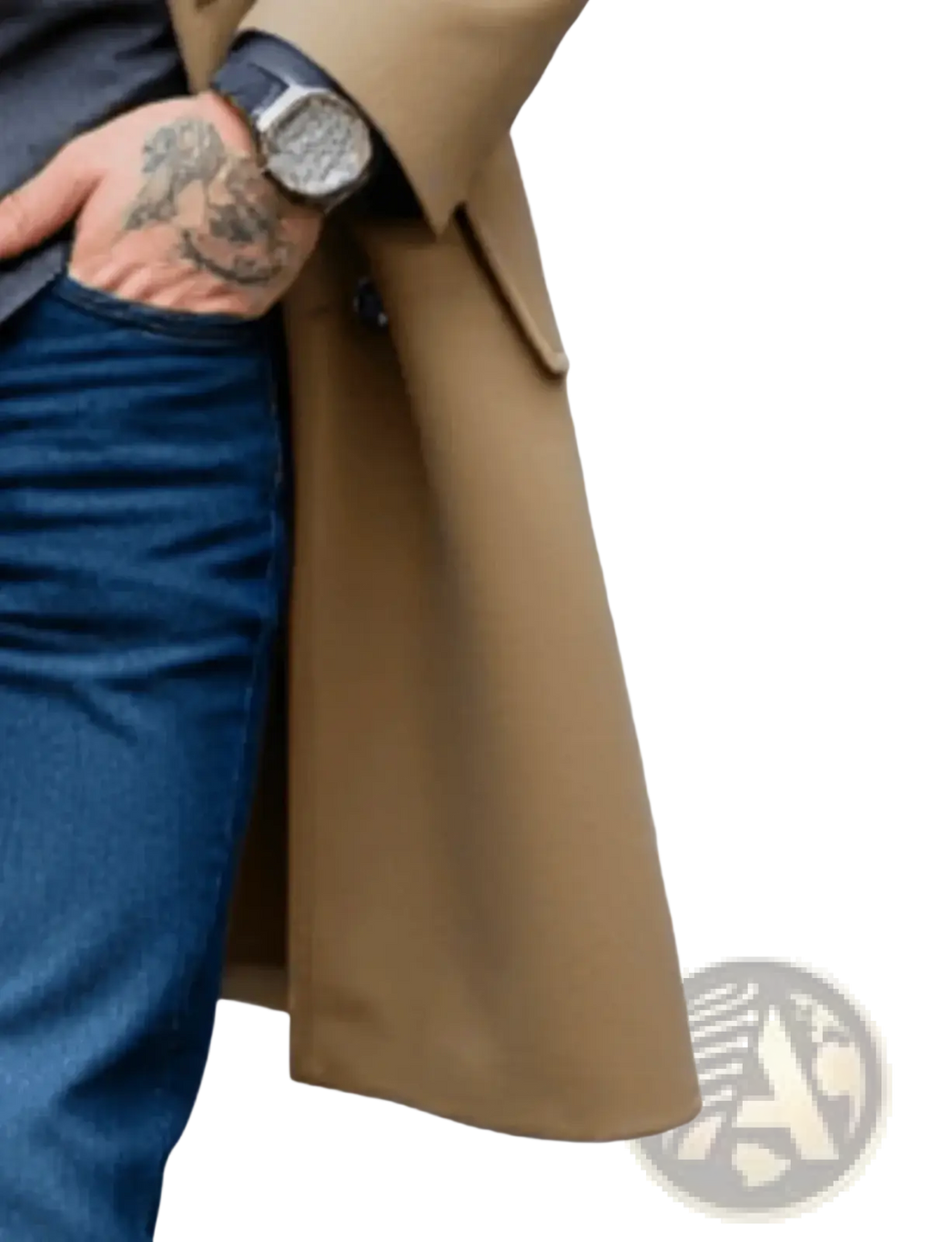 A silver-toned watch with a dark blue leather strap worn on wrist alongside a men woolen winter double breasted overcoat