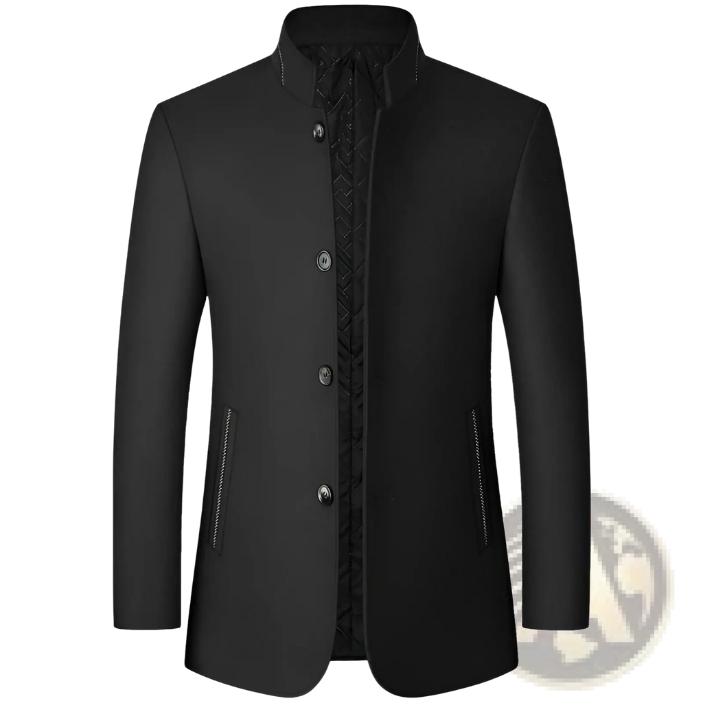 Black woolen men zhongshan suit jacket with stand-up collar and three front buttons in formal style
