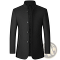 Black woolen men zhongshan suit jacket with stand-up collar and three front buttons in formal style