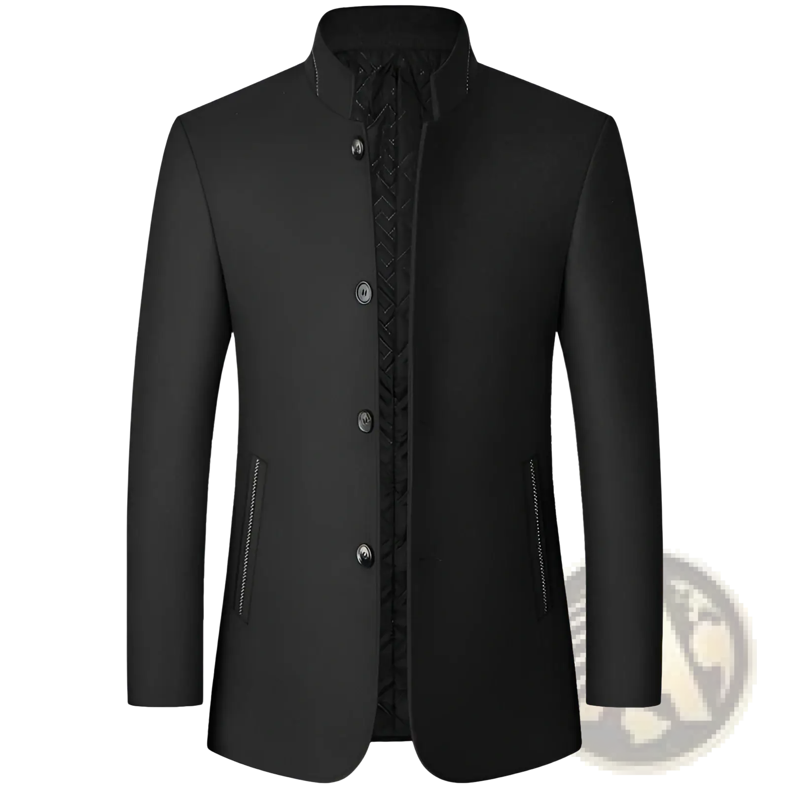 Black woolen men zhongshan suit jacket with stand-up collar and three front buttons in formal style