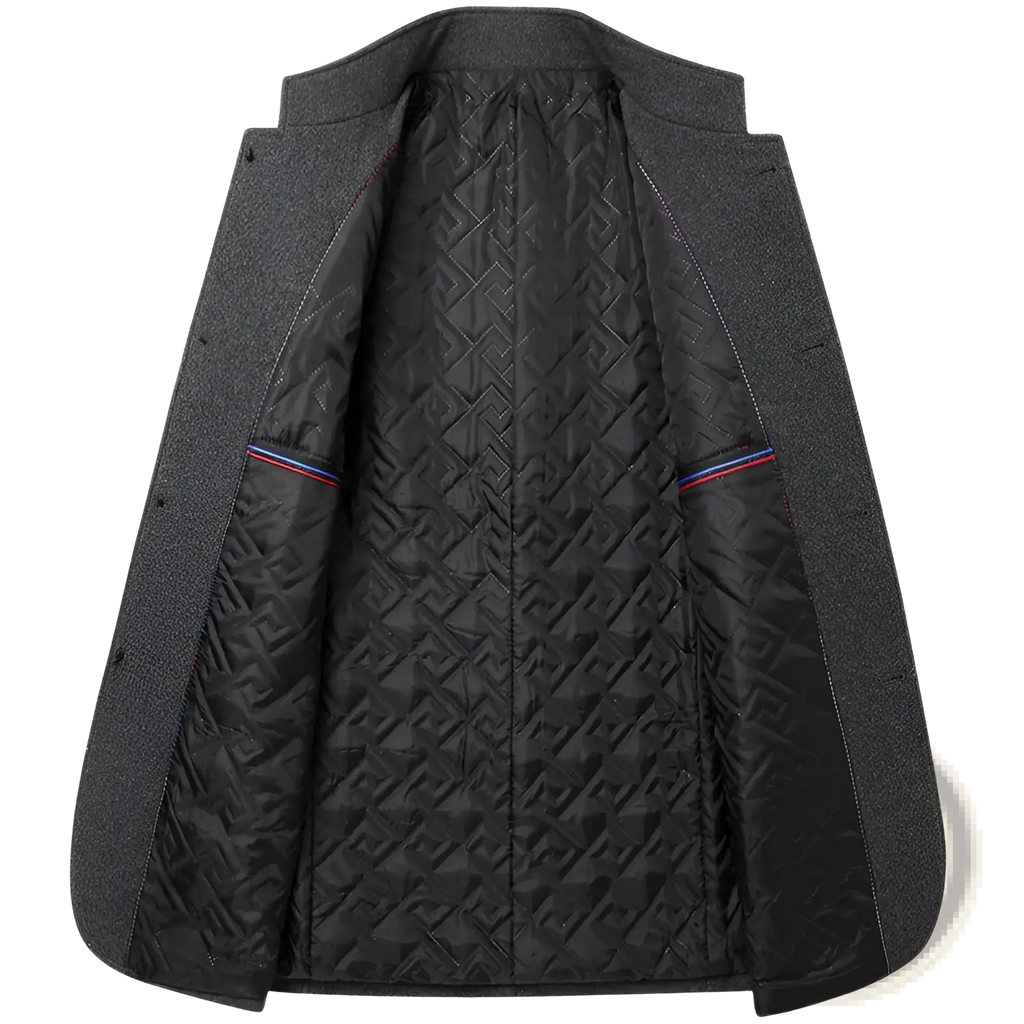 Men woolen Zhongshan suit standing collar jacket in dark gray with quilted black interior and red white blue trim on pockets