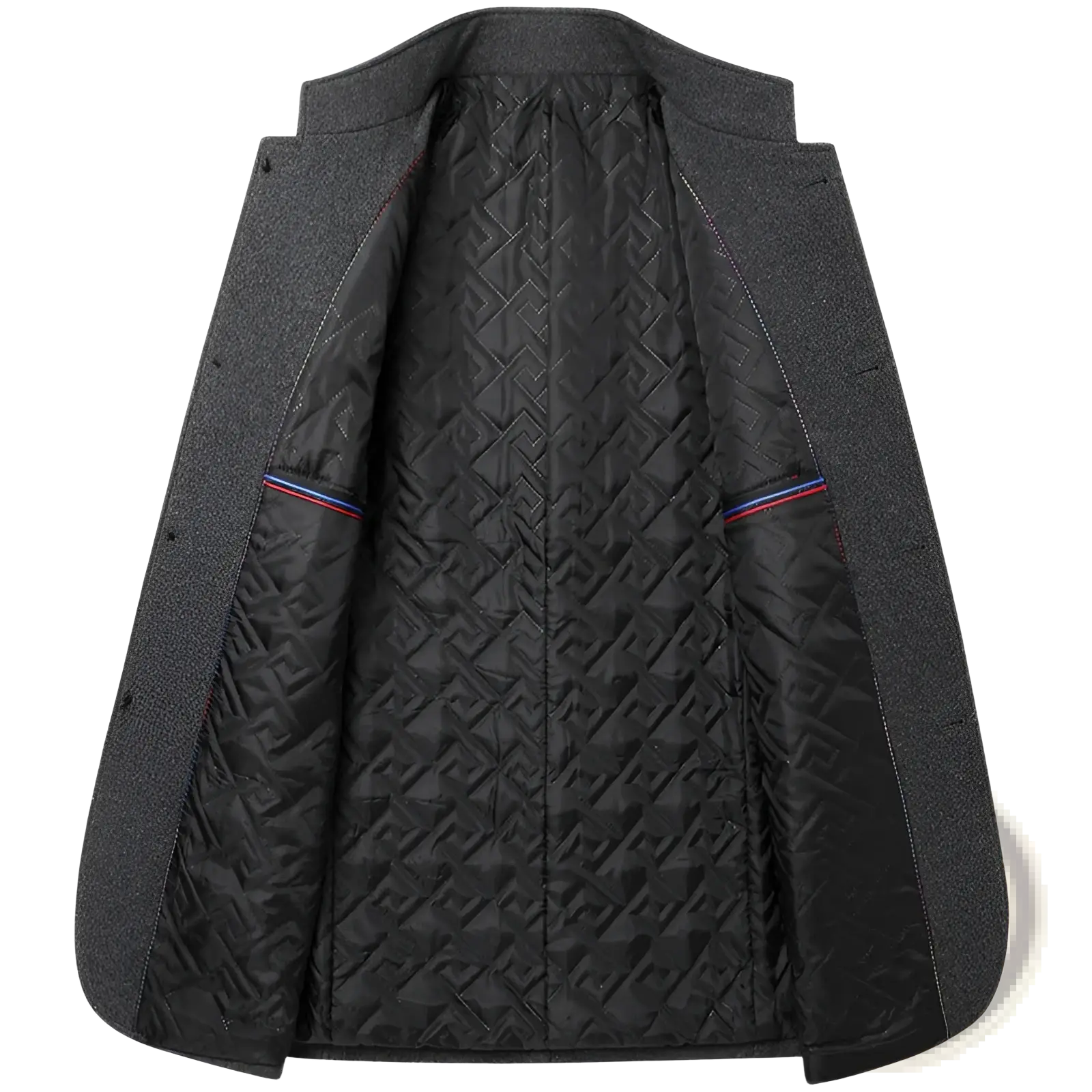 Men woolen Zhongshan suit standing collar jacket in dark gray with quilted black interior and red white blue trim on pockets