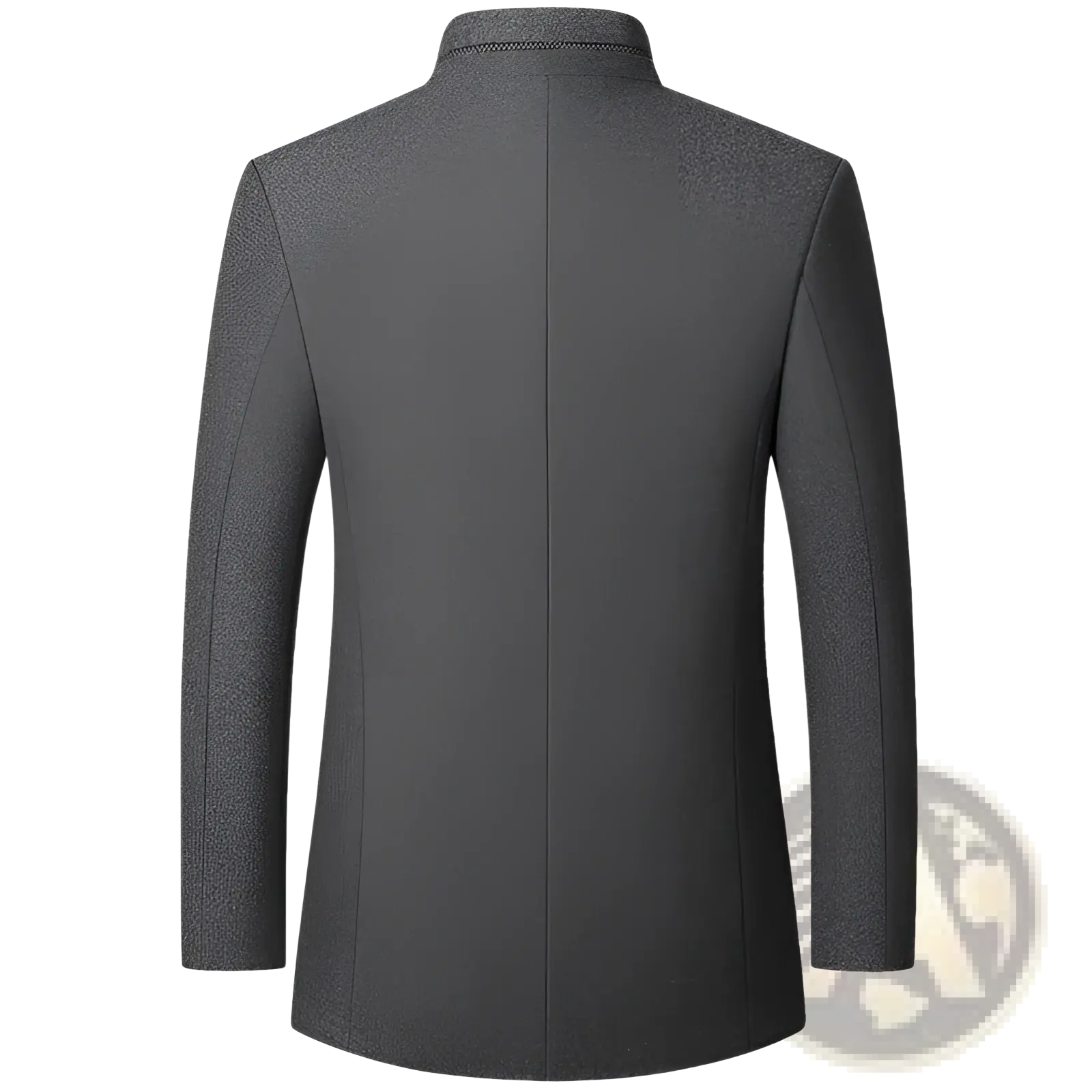 Men woolen Zhongshan suit standing collar jacket in sleek dark gray wool blend with subtle vertical seam detailing