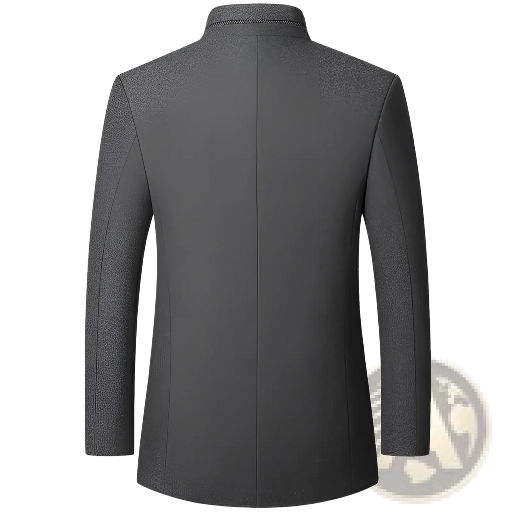 Men woolen Zhongshan suit jacket in sleek dark gray wool blend with stand-up collar and vertical seam detailing