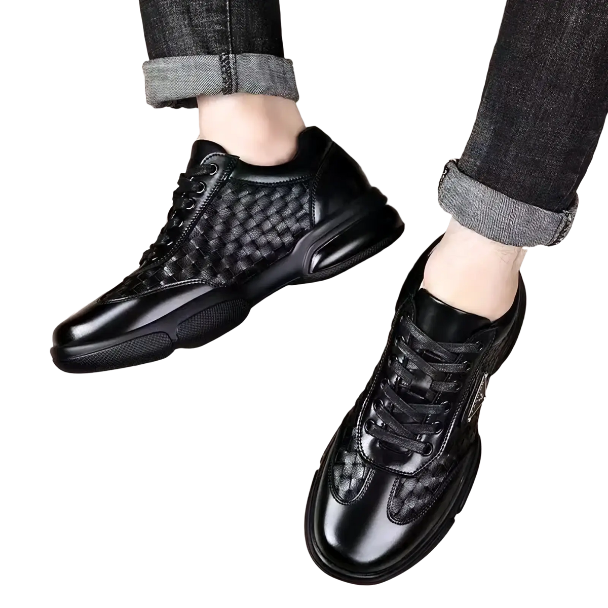 Men woven leather casual sneakers in black with woven side panels and a chunky sole for stylish comfort
