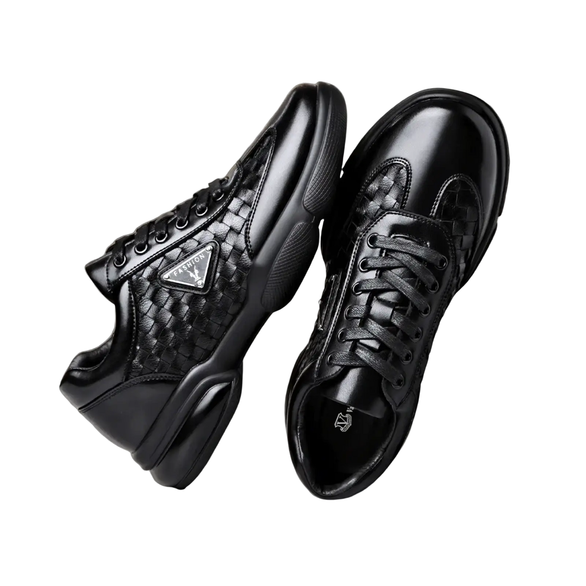 Men woven leather casual sneakers in black with woven texture side panels glossy finish and black laces featuring triangular logo patch