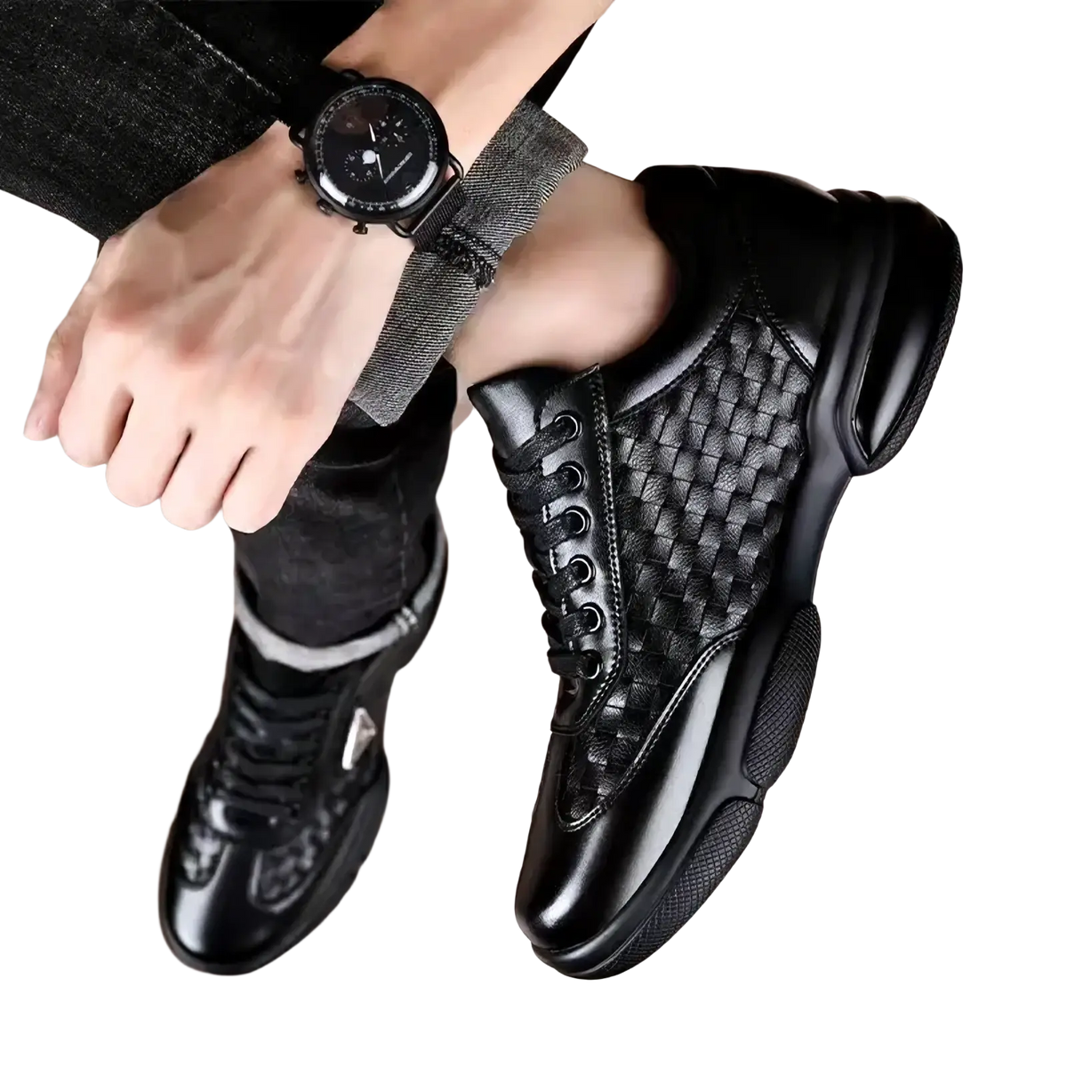 Men woven leather casual sneaker in black with glossy finish and chunky sole for stylish everyday wear