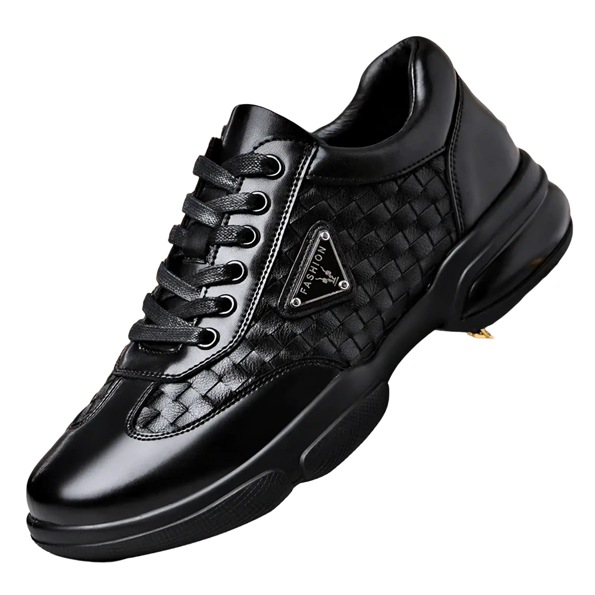 Men woven leather casual sneakers in black featuring a woven texture on the side and a triangular fashion logo plaque