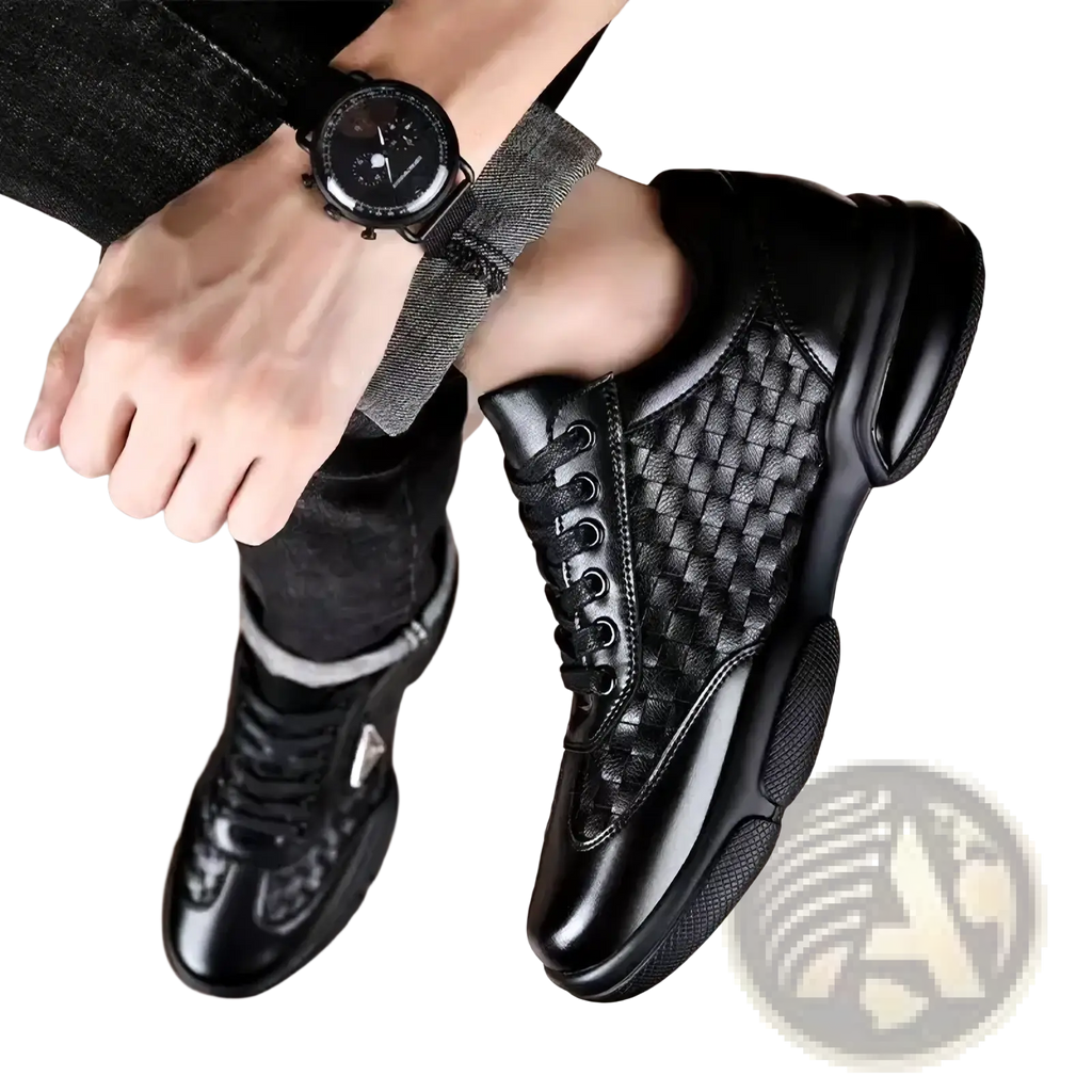 Men woven leather casual sneaker in black with glossy finish and chunky sole for stylish everyday wear
