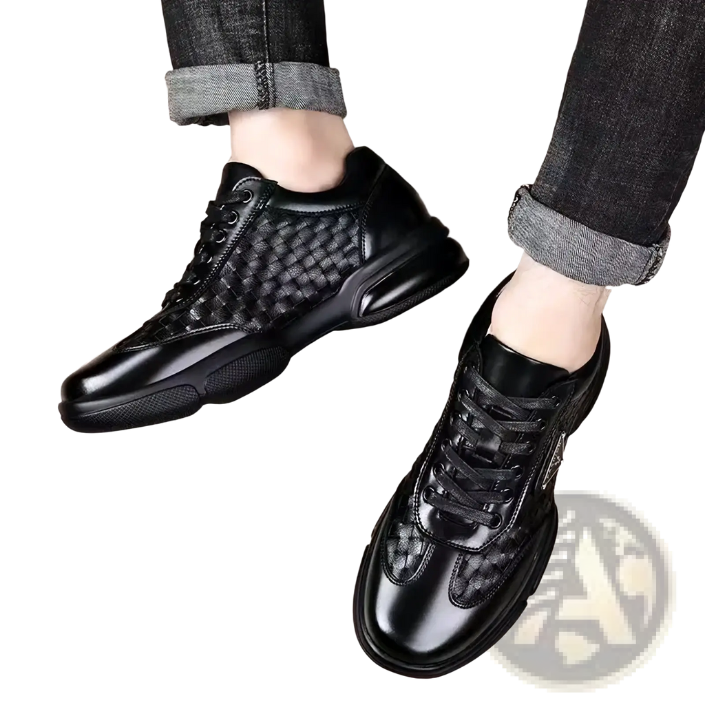 Men woven leather casual sneakers in black with woven side panels and a chunky sole for stylish comfort
