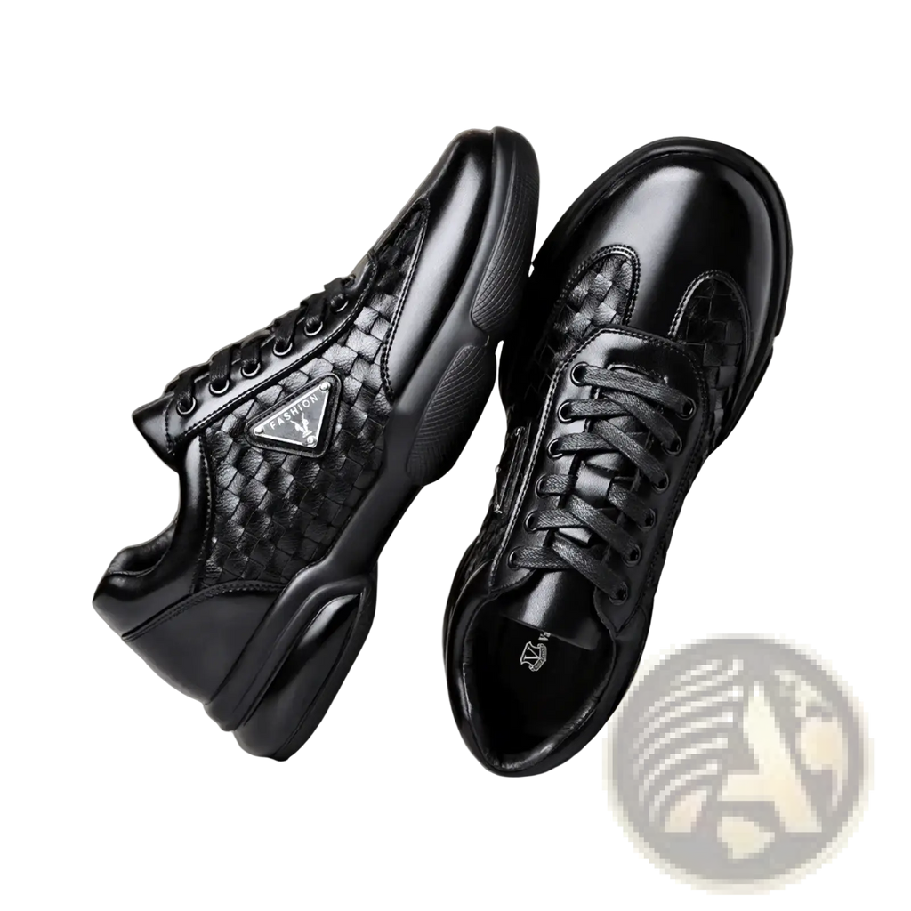 Men woven leather casual sneakers in black with woven texture side panels glossy finish and black laces featuring triangular logo patch