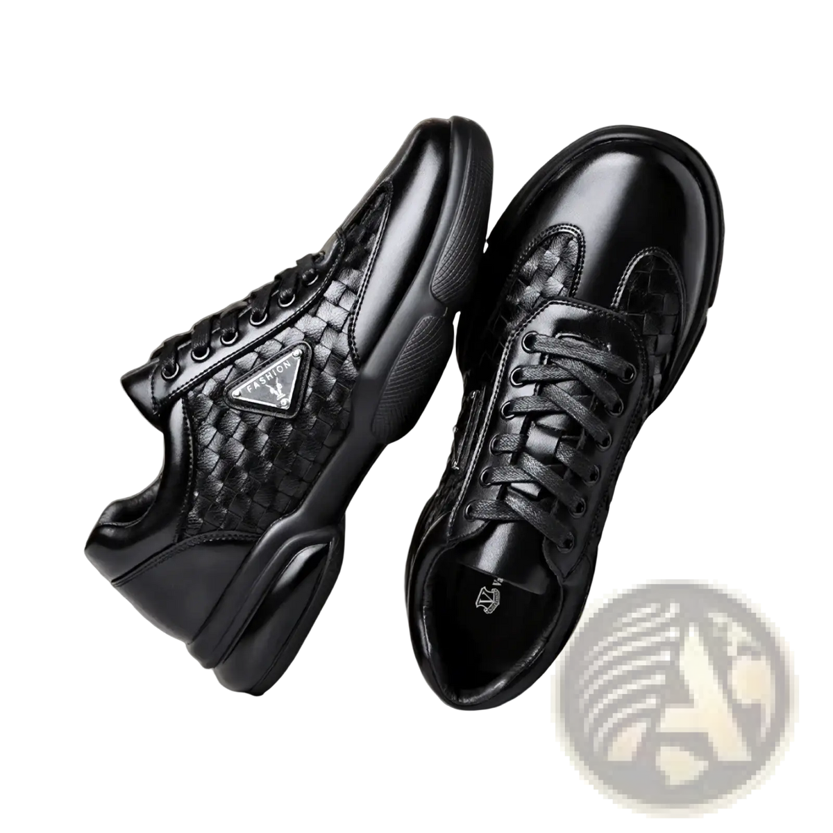 Men woven leather casual sneakers in black with woven texture side panels glossy finish and black laces featuring triangular logo patch