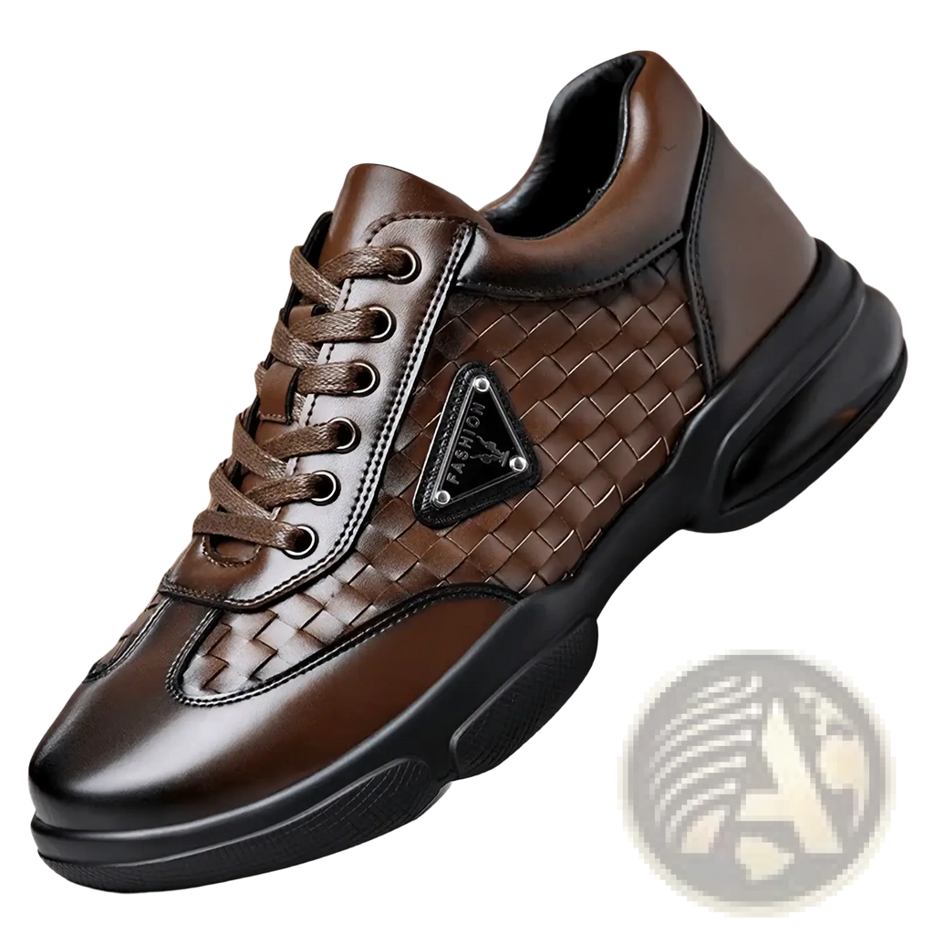 Men woven leather casual sneaker in brown with woven texture on side and black rubber sole for everyday wear