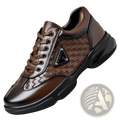 Men woven leather casual sneaker in brown with woven texture on side and black rubber sole for everyday wear
