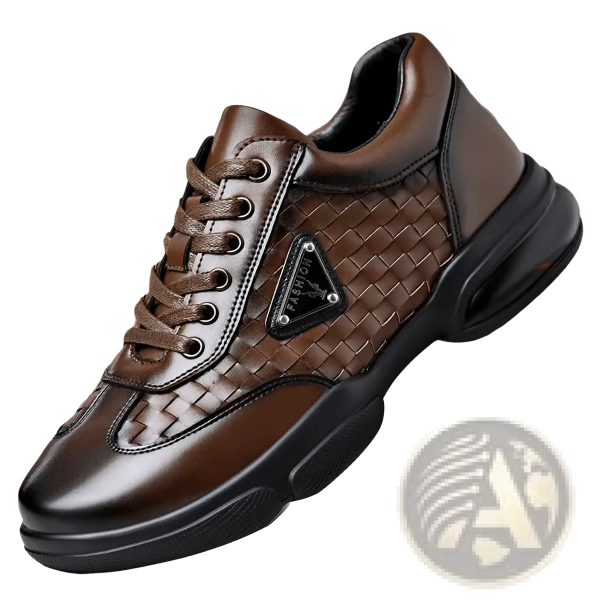 Men woven leather casual sneaker in brown with woven texture on side and black rubber sole for everyday wear