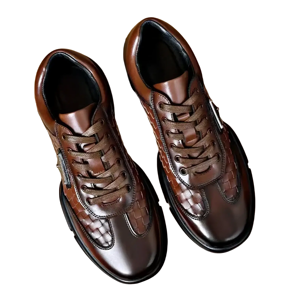 Men woven leather casual sneakers in brown with woven texture sides and black rubber soles for everyday wear
