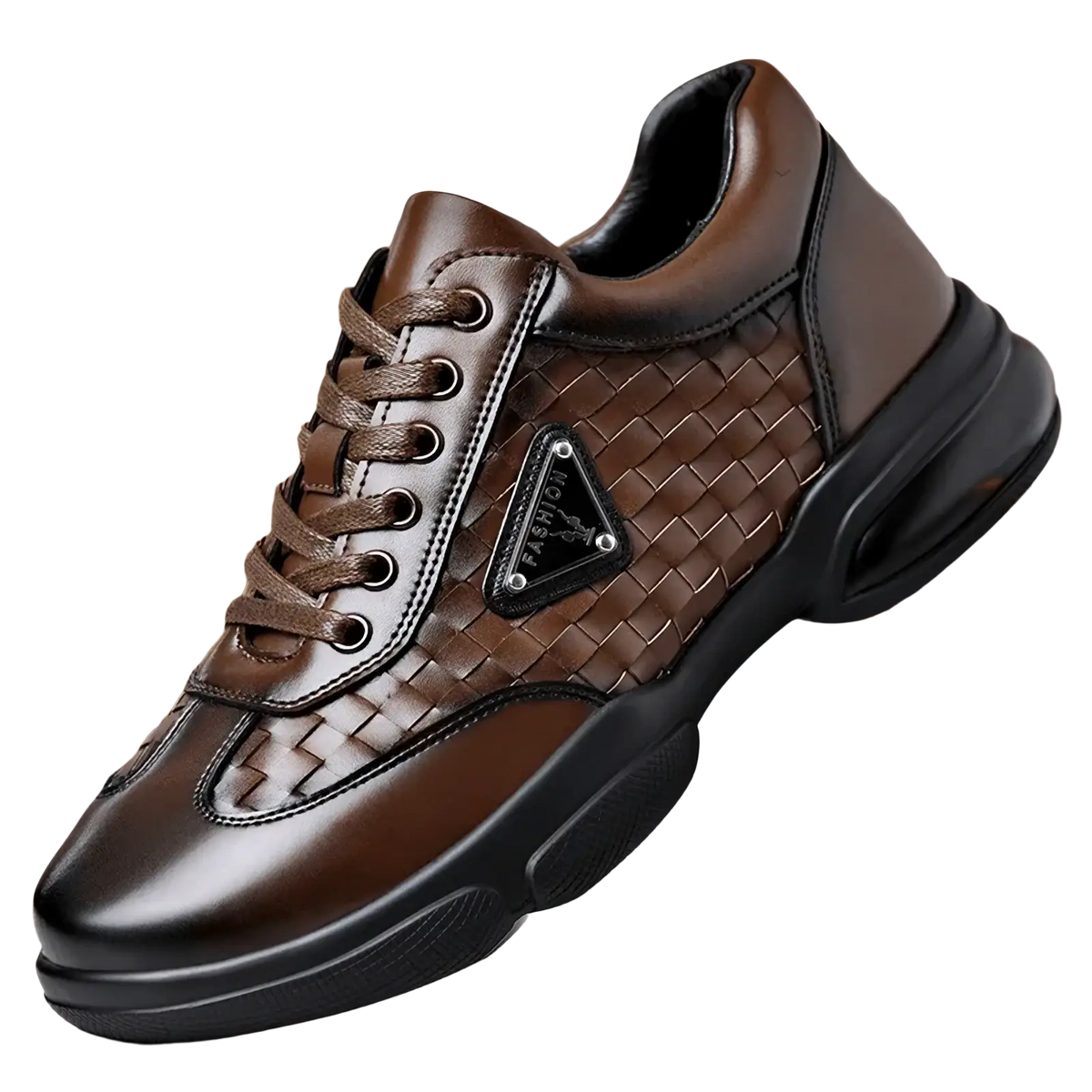 Men woven leather casual sneaker in brown with woven texture on side and black rubber sole for everyday wear