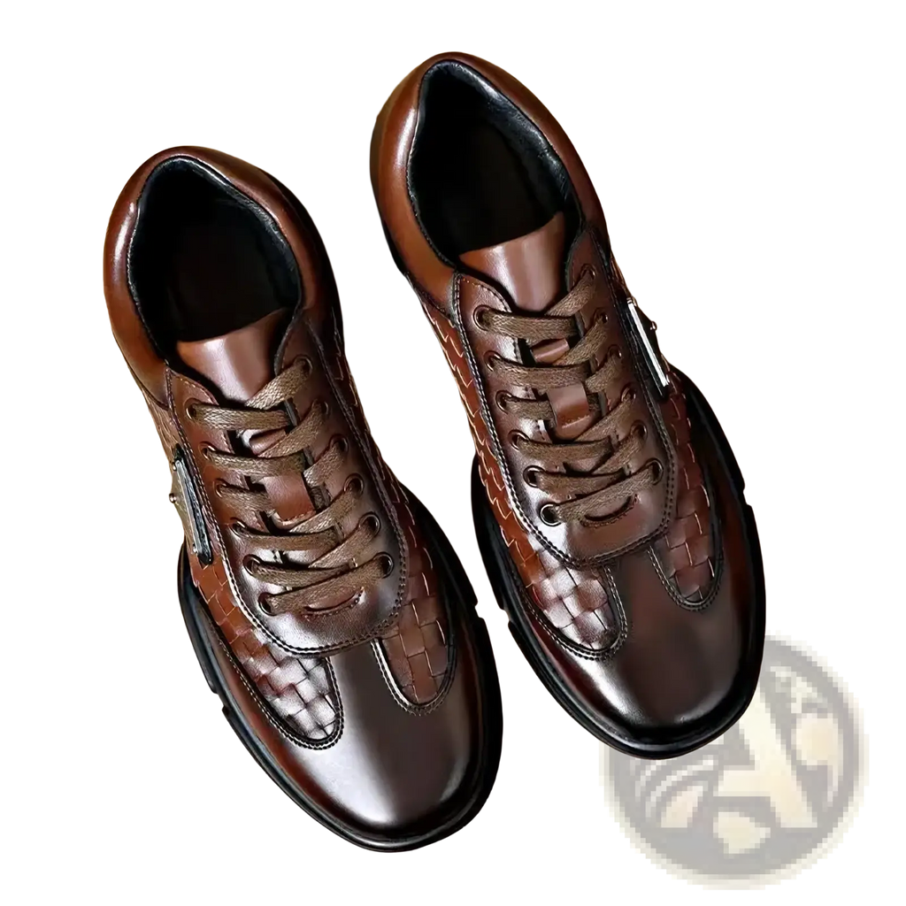 Men woven leather casual sneakers in brown with woven texture sides and black rubber soles for everyday wear