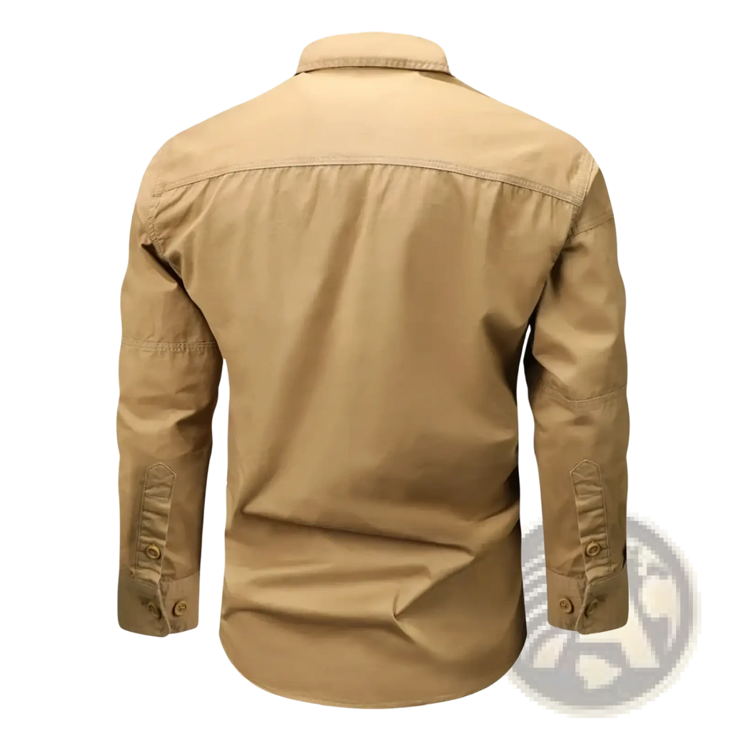 Beige men wrinkle free workwear shirt with reinforced elbow patches and adjustable cuffs in Japanese style casual design