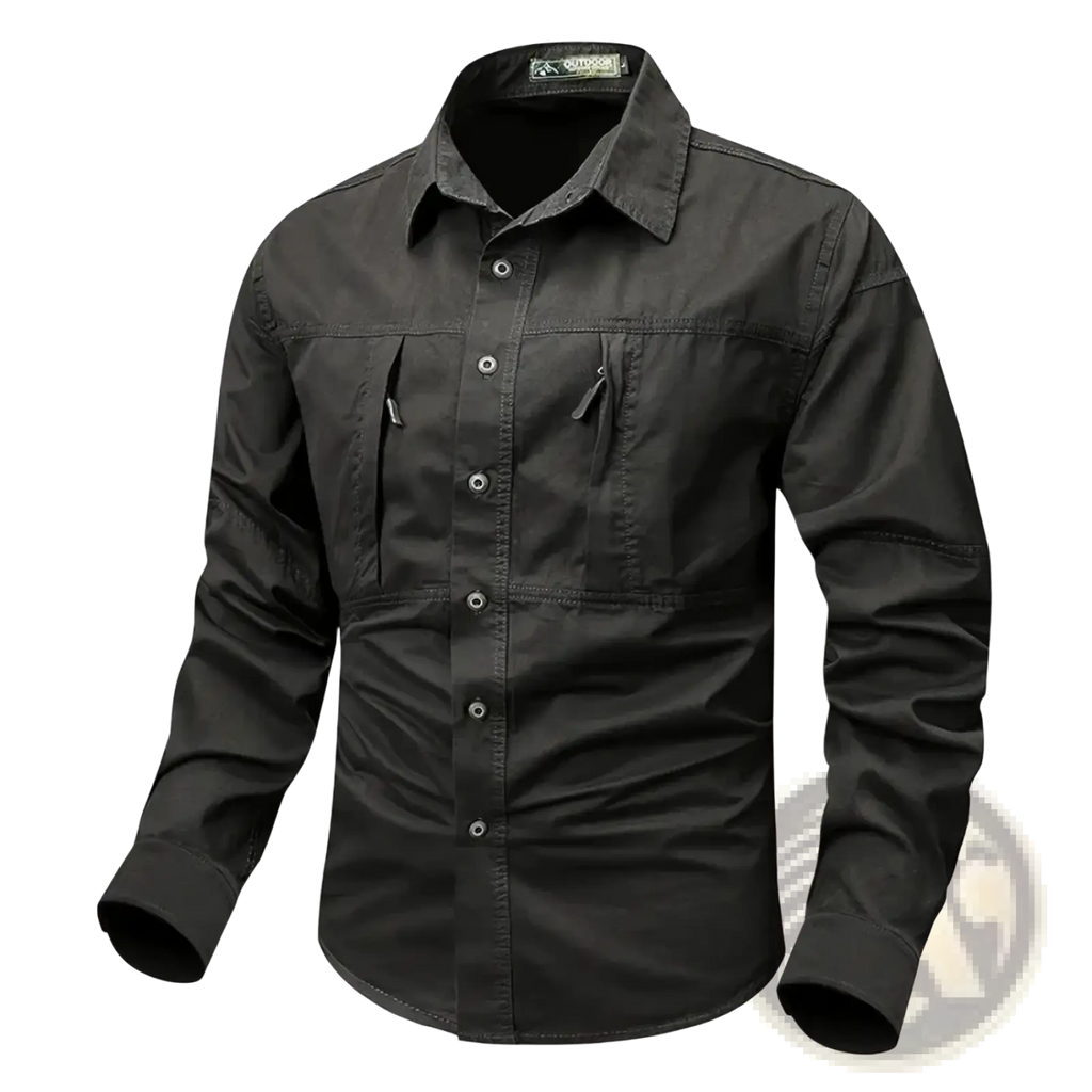 Men wrinkle free workwear shirt in black with long sleeves two chest pockets collar and subtle stitching details