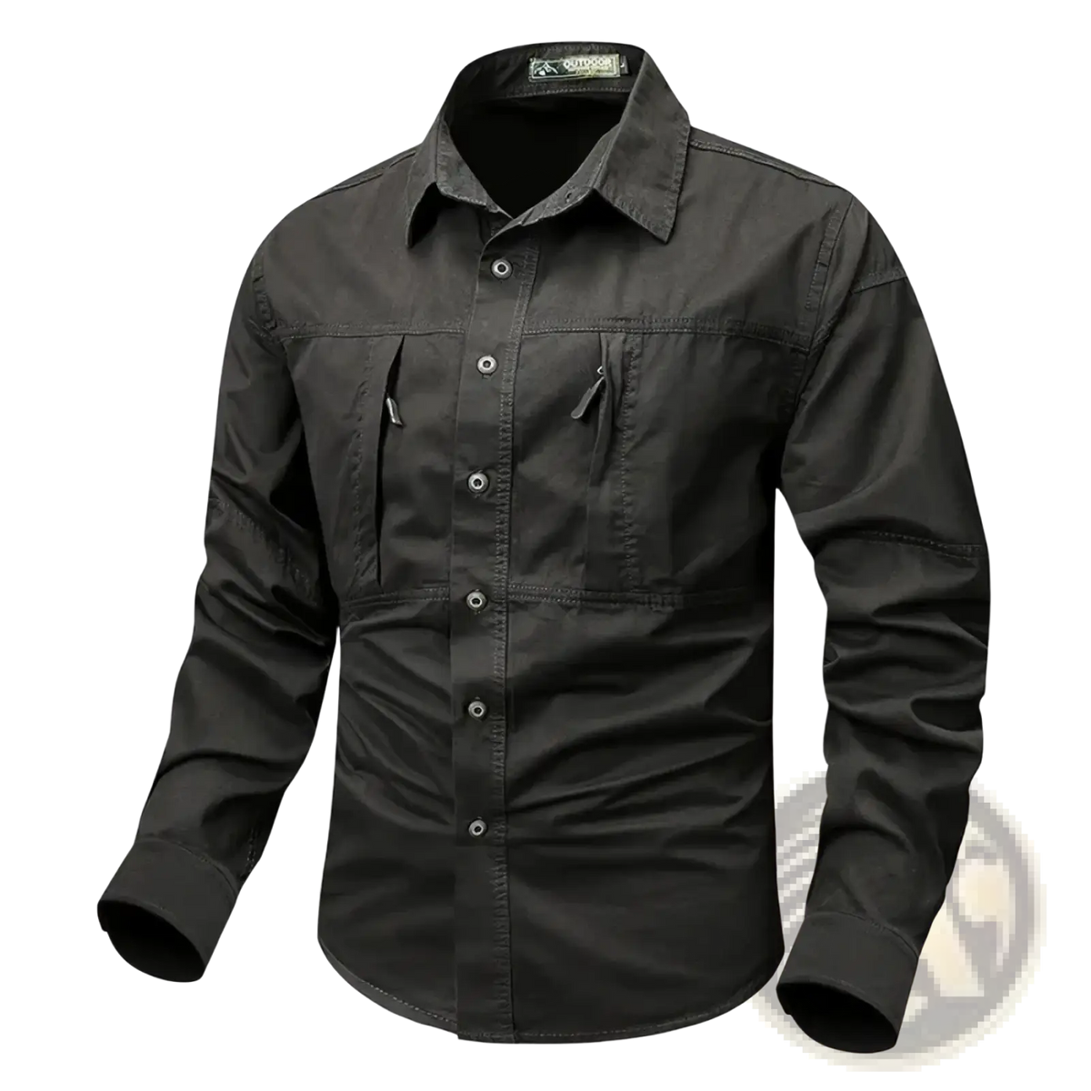 Men wrinkle free workwear shirt in black with long sleeves two chest pockets collar and subtle stitching details