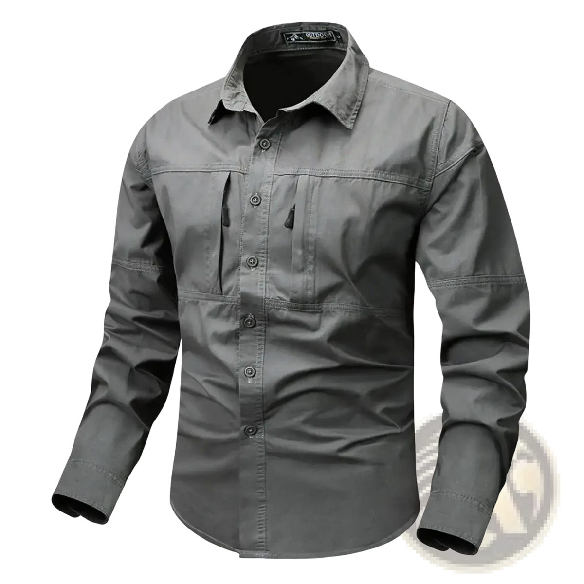 Gray btsukimi men’s wrinkle free long-sleeved button-up shirt with collar and front pockets for casual workwear