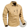 Tan-colored long-sleeved wrinkle free tactical workwear shirt with button closures and multiple pockets for men