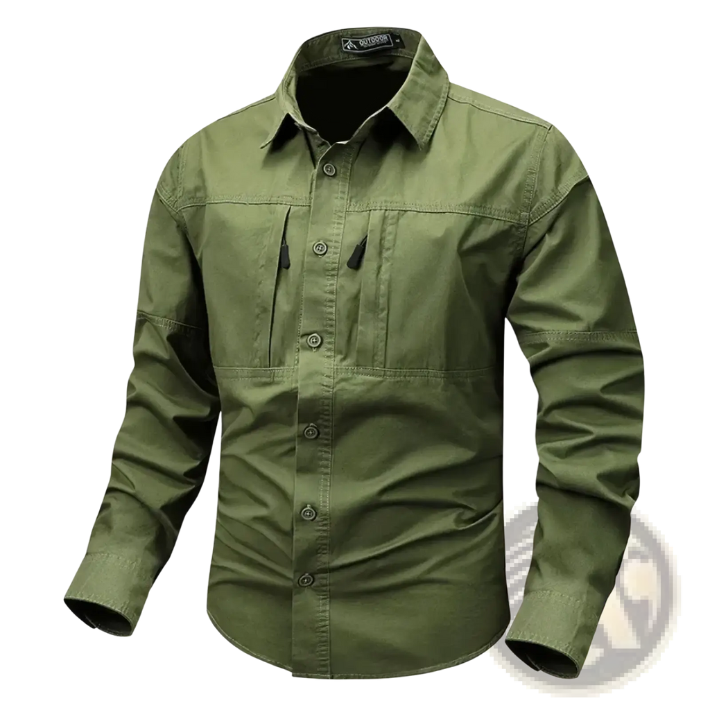 Olive green men wrinkle free workwear shirt with long sleeves two front pockets and subtle stitching details