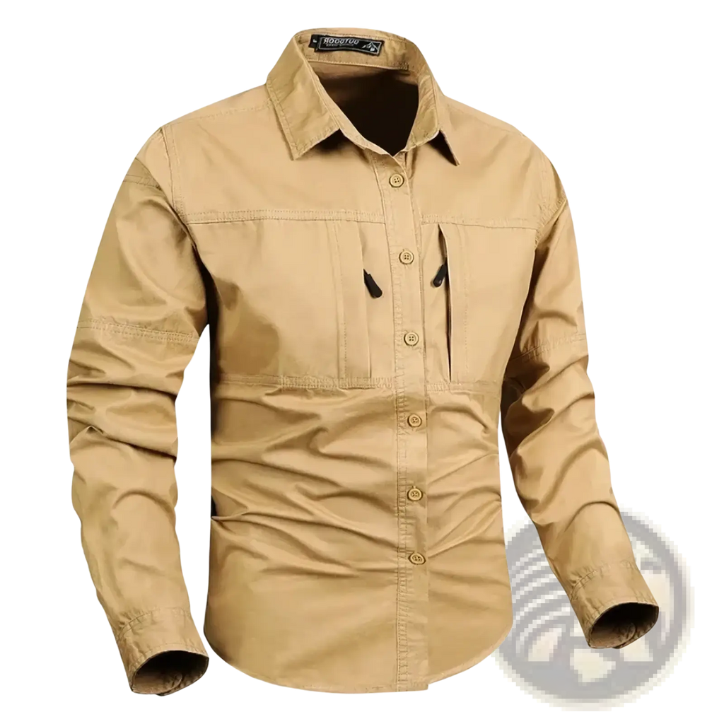 Tan long-sleeved wrinkle free workwear shirt with collar and front pockets in japanese style casual design