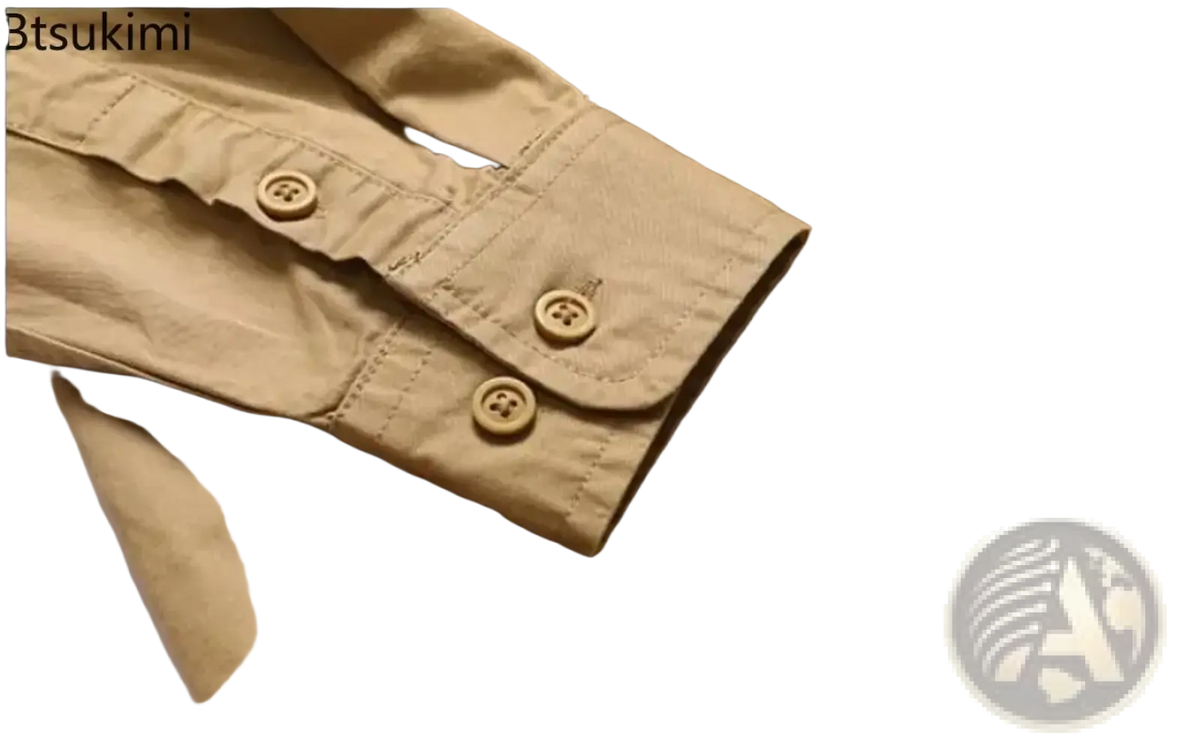 Tan cotton shirt cuff with matching buttons on men wrinkle free workwear shirt japanese style casual top