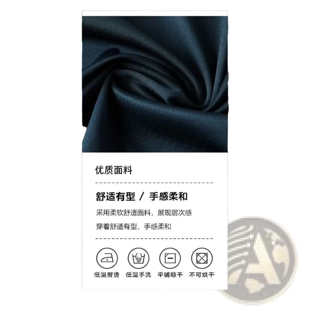 A close-up of dark navy blue soft smooth fabric with subtle sheen in a men wrinkle-resistant short sleeve shirt
