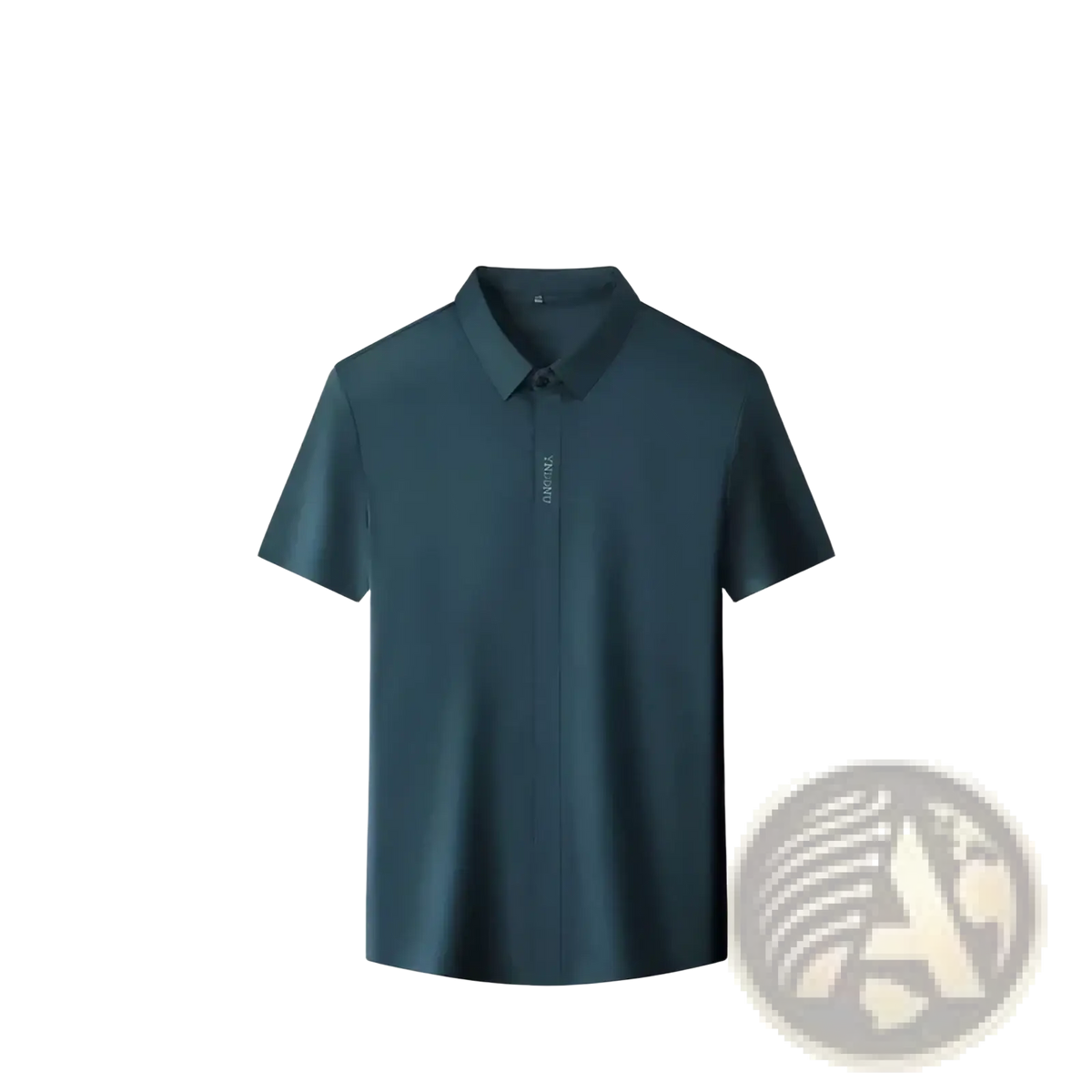 Dark teal wrinkle-resistant short sleeve business polo shirt with classic collar and subtle vertical text on left chest