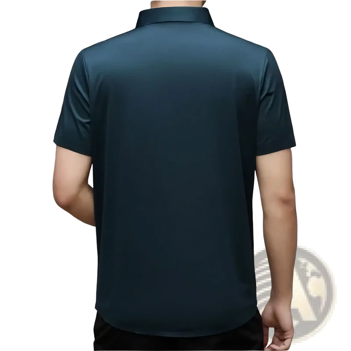 Men wrinkle-resistant short sleeve business shirt in dark teal with a classic collar and smooth slightly reflective fabric