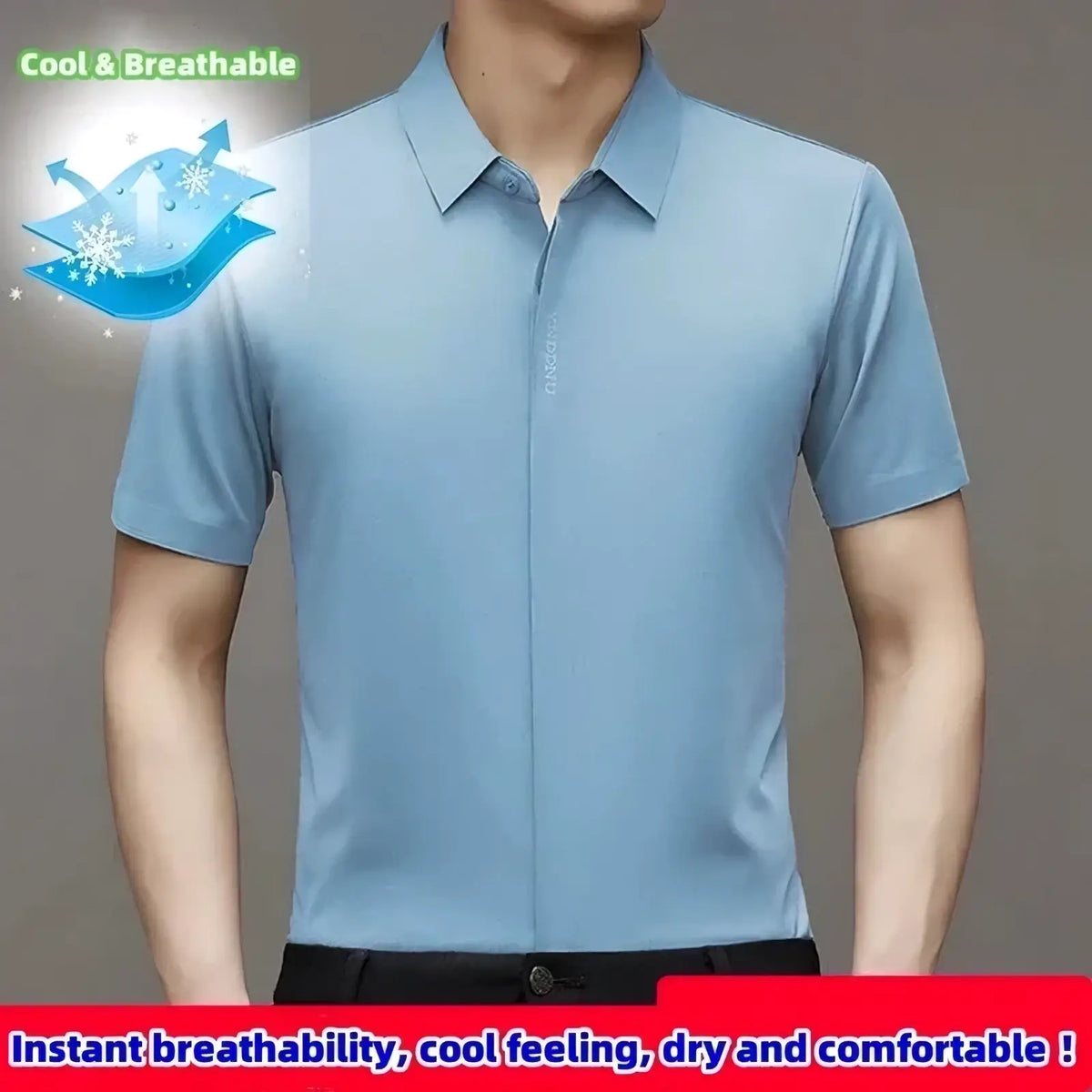Light blue men wrinkle-resistant short sleeve business polo shirt with breathable fabric and button placket