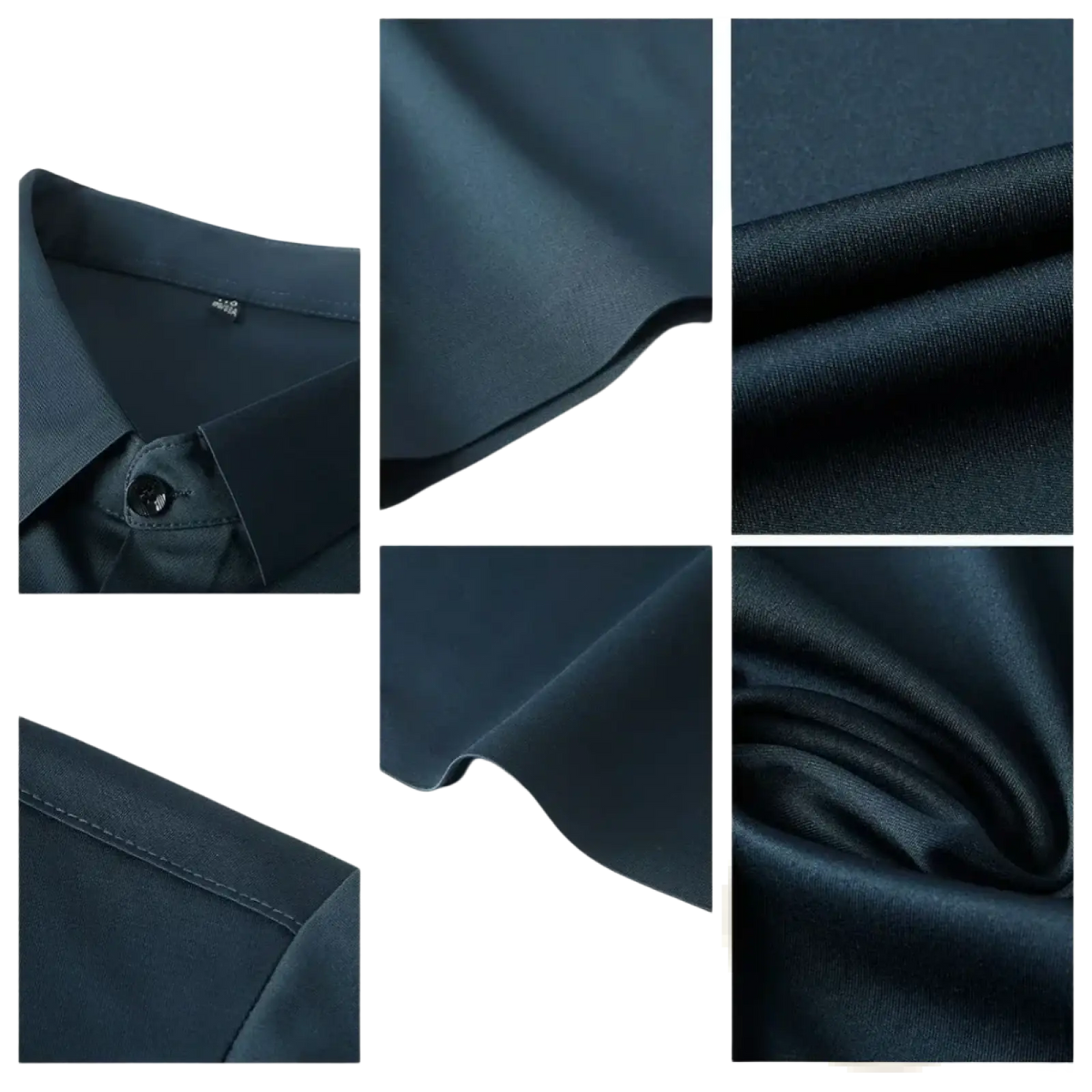 A sleek dark navy satin men wrinkle-resistant short sleeve business shirt with a crisp collar and subtle sheen