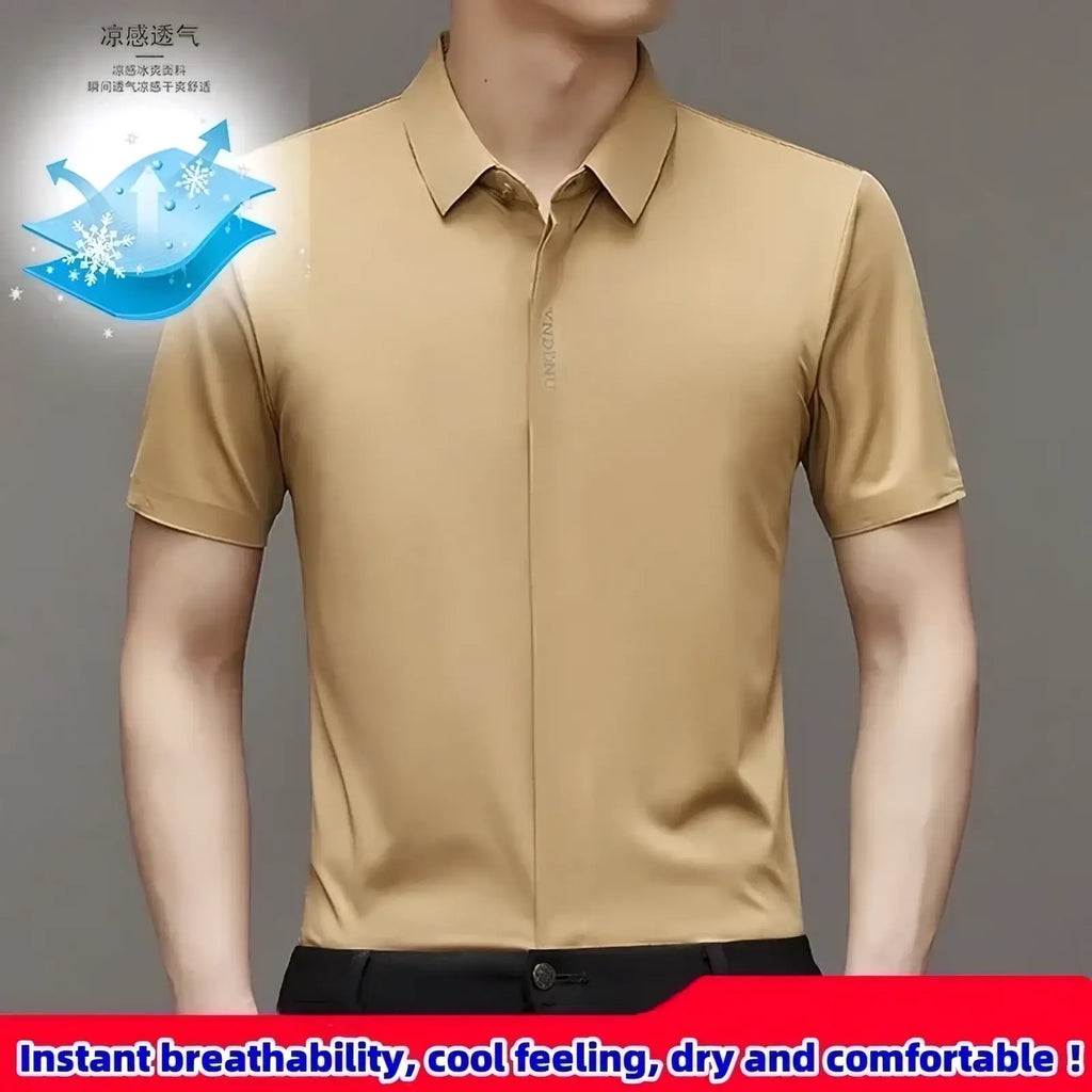 A tan wrinkle-resistant short sleeve business polo shirt with breathable fabric and subtle vertical branding on the chest