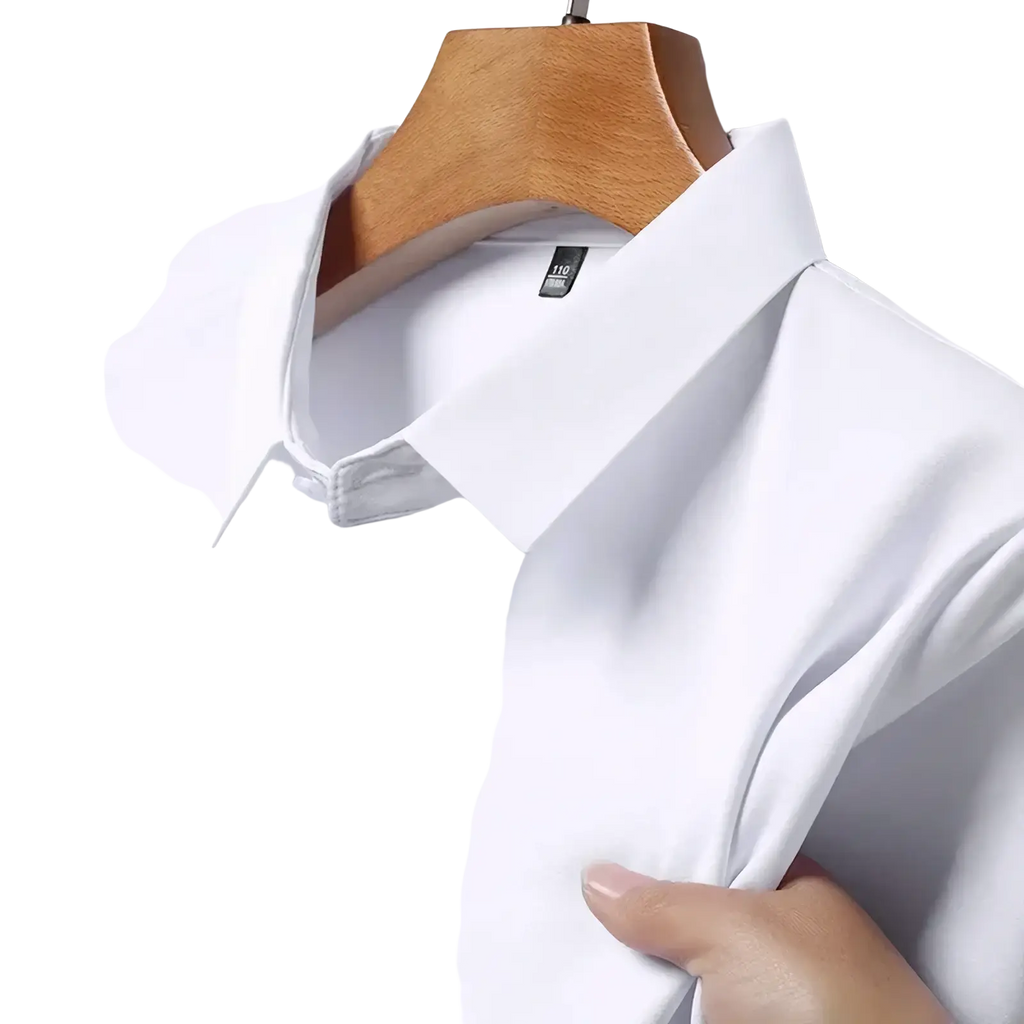 White cotton wrinkle-resistant short sleeve button-up business shirt with subtle y landun logo embroidered on chest