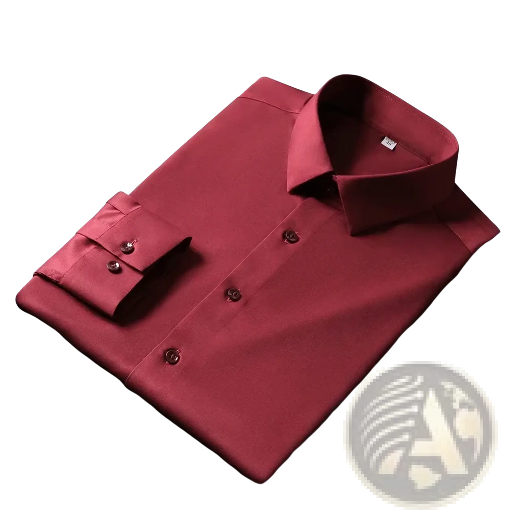 A sleek deep red men wrinkle resistant solid dress shirt with a crisp collar and buttoned cuffs