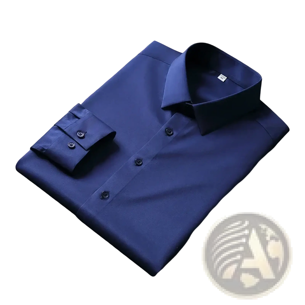 A sleek navy blue men wrinkle resistant solid dress shirt with a crisp collar and buttoned cuffs made from smooth fabric