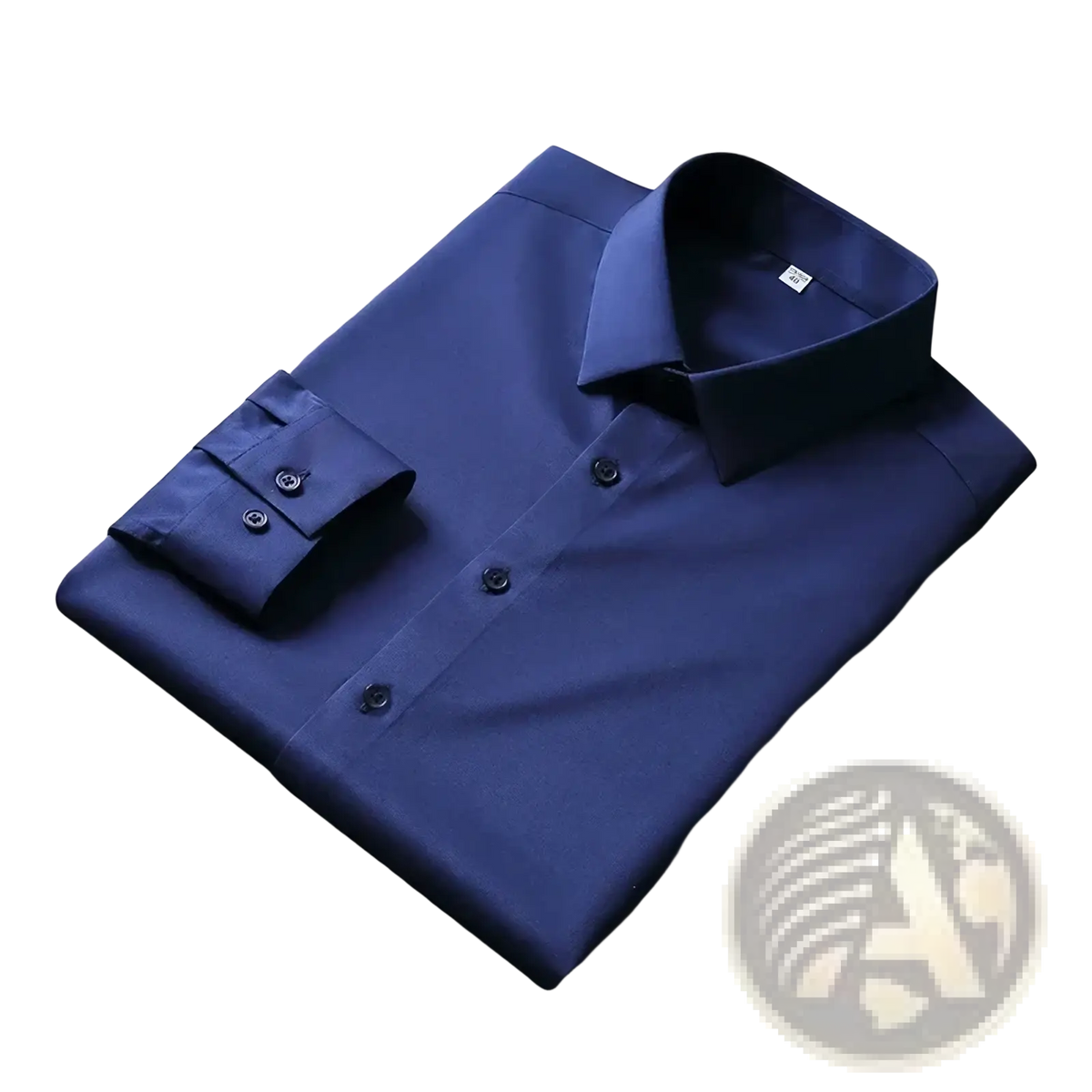 A sleek navy blue men wrinkle resistant solid dress shirt with a crisp collar and buttoned cuffs made from smooth fabric